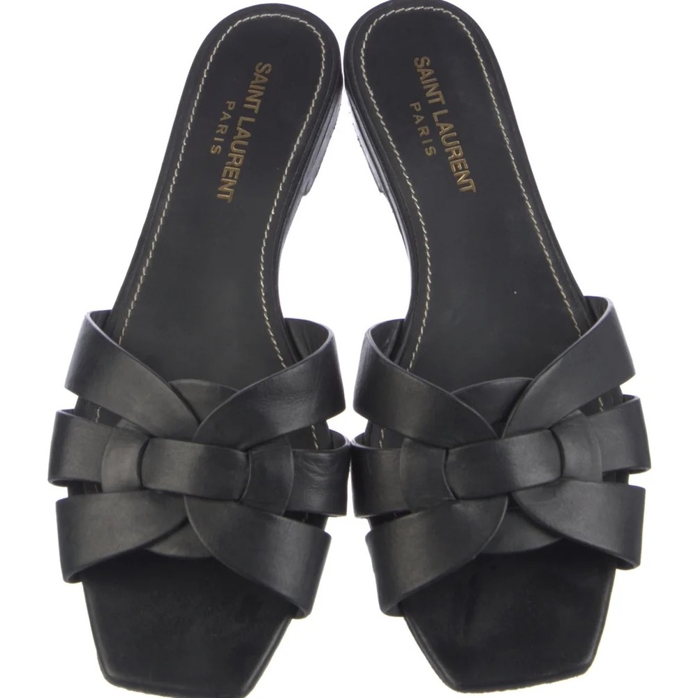 Saint Laurent Black Mules with Woven Leather Design
